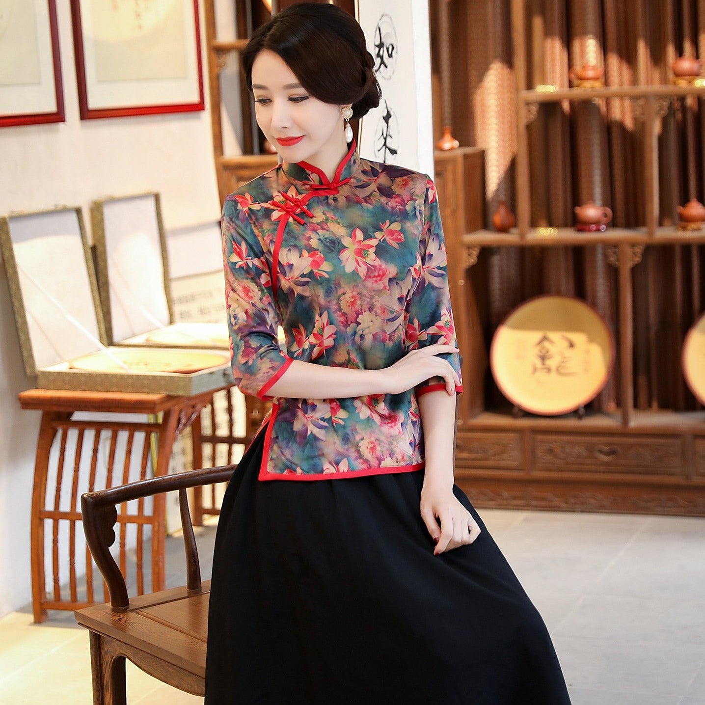 3/4 Sleeve Floral Watered Gauze Cheongsam Top Chinese Blouse