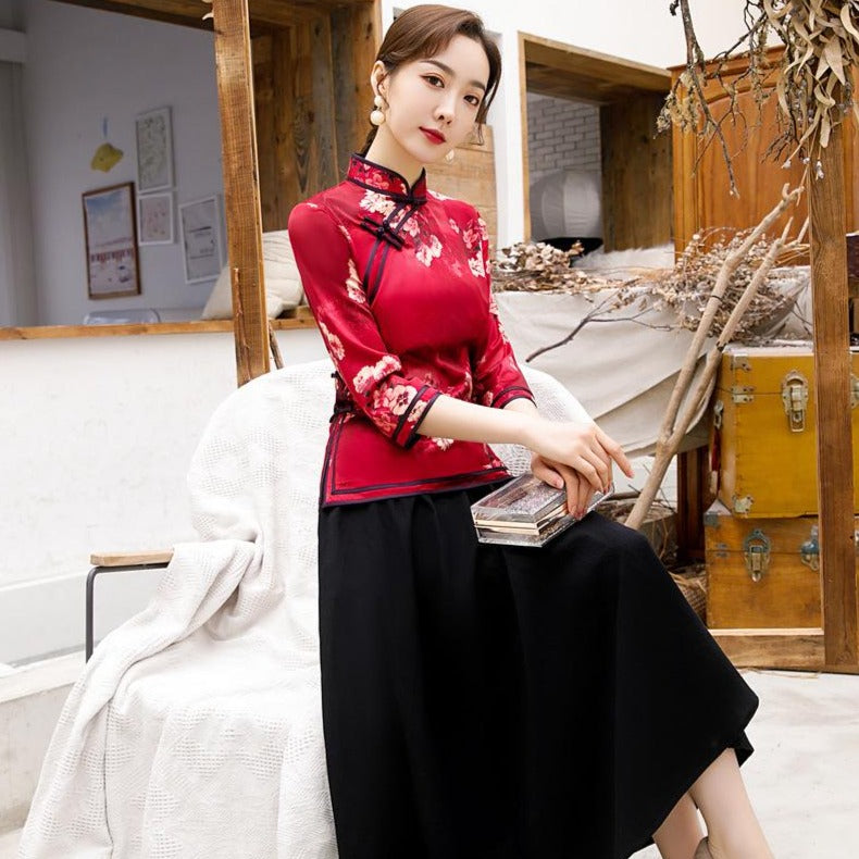 3/4 Sleeve Floral Watered Gauze Cheongsam Top Elegant Chinese Blouse