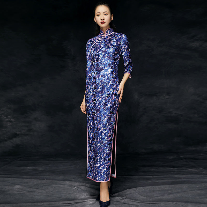 3/4 Sleeve Full Length Floral Brocade Cheongsam Chinese Evening Dress