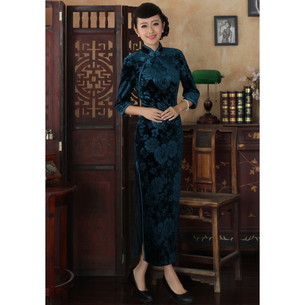 3/4 Sleeve Full Length Floral Brocade Cheongsam Qipao Dress