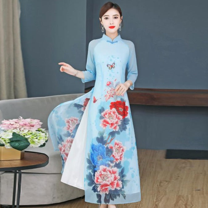 3/4 Sleeve Full Length Floral Print Chiffon Ao Dai Dress