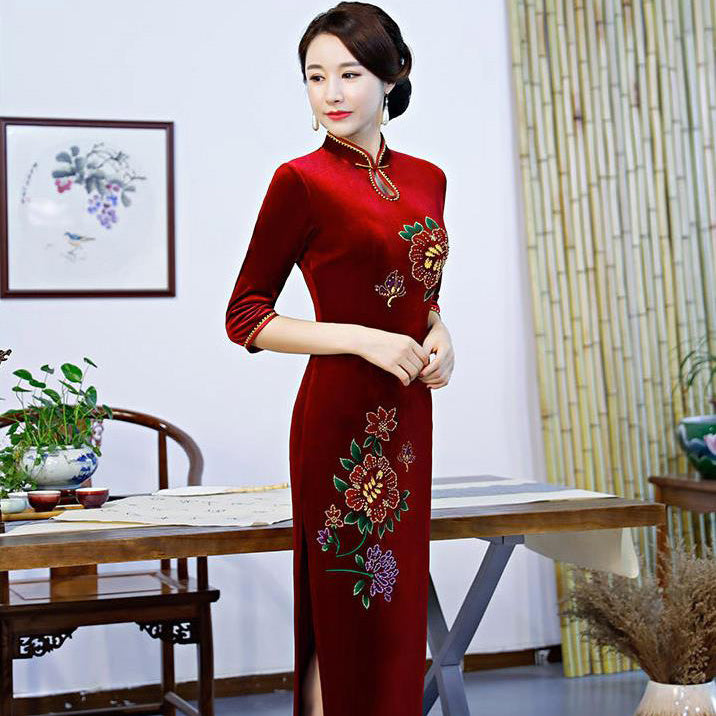 3/4 Sleeve Full Length Floral Sequins Velvet Cheongsam Mother Dress