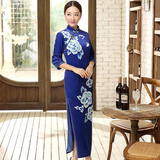 3/4 Sleeve Full Length Floral Velvet Cheongsam Chinese Dress