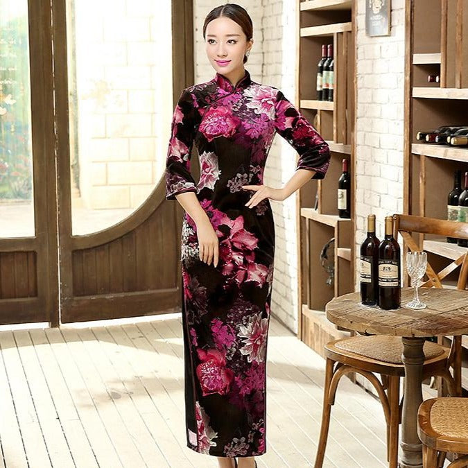 3/4 Sleeve Full Length Floral Velvet Cheongsam Chinese Dress