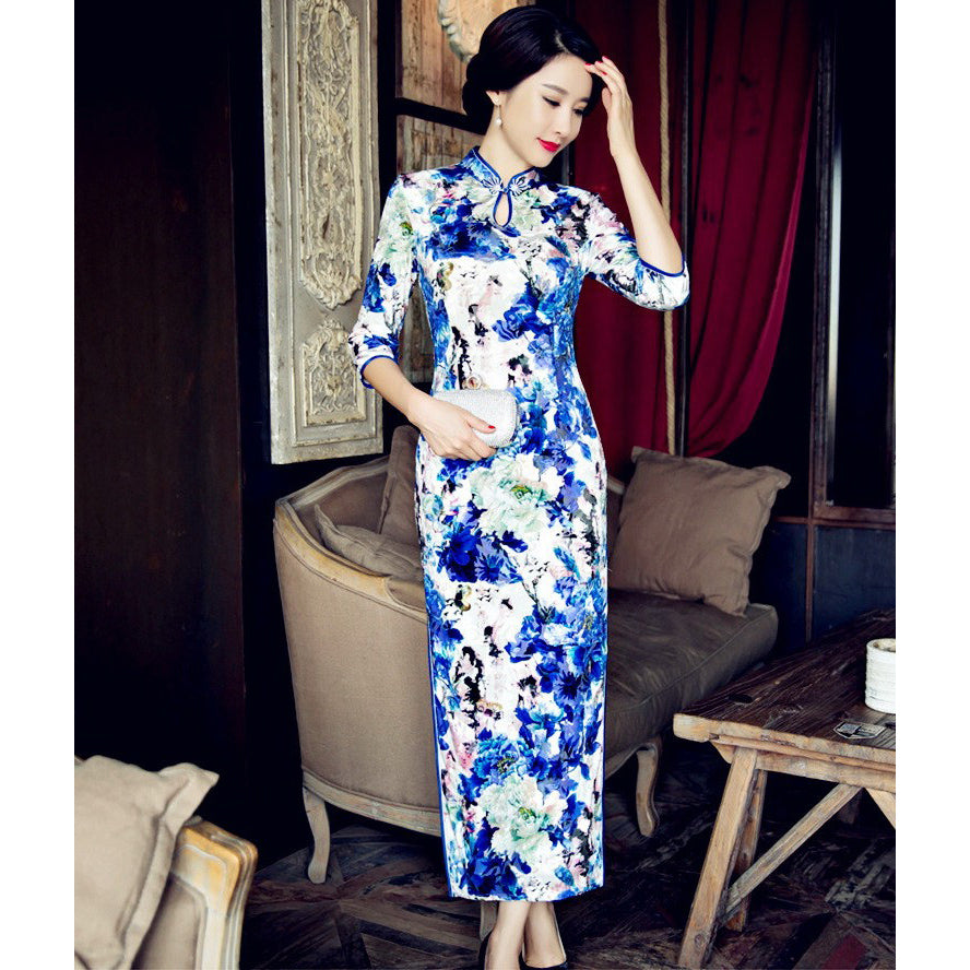 3/4 Sleeve Full Length Floral Velvet Cheongsam Chinese Dress