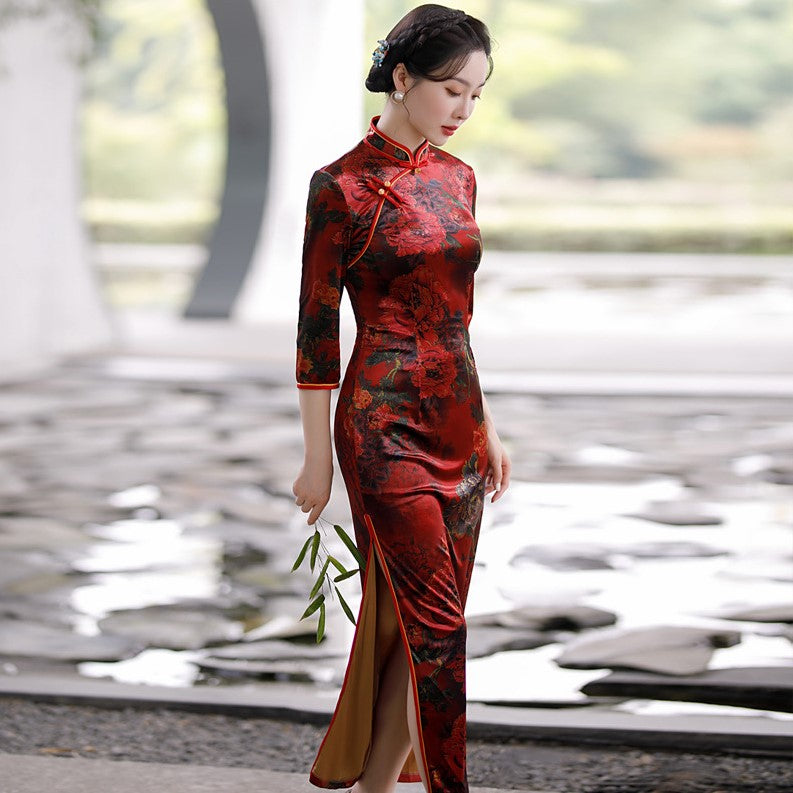 3/4 Sleeve Full Length Traditional Cheongsam Floral Velvet Chinese Dress