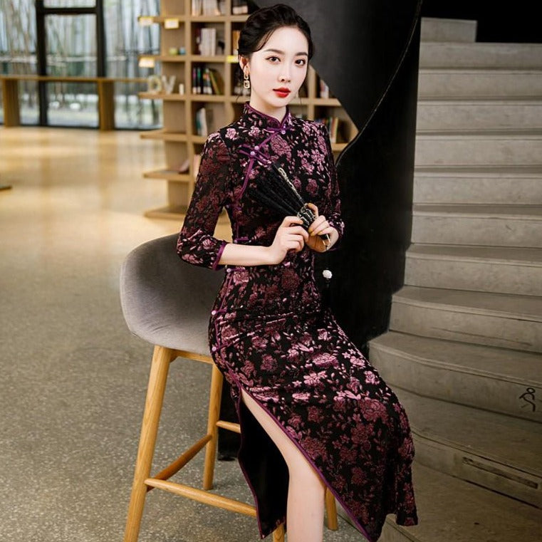 3/4 Sleeve Full Length Traditional Cheongsam Floral Velvet Chinese Dress