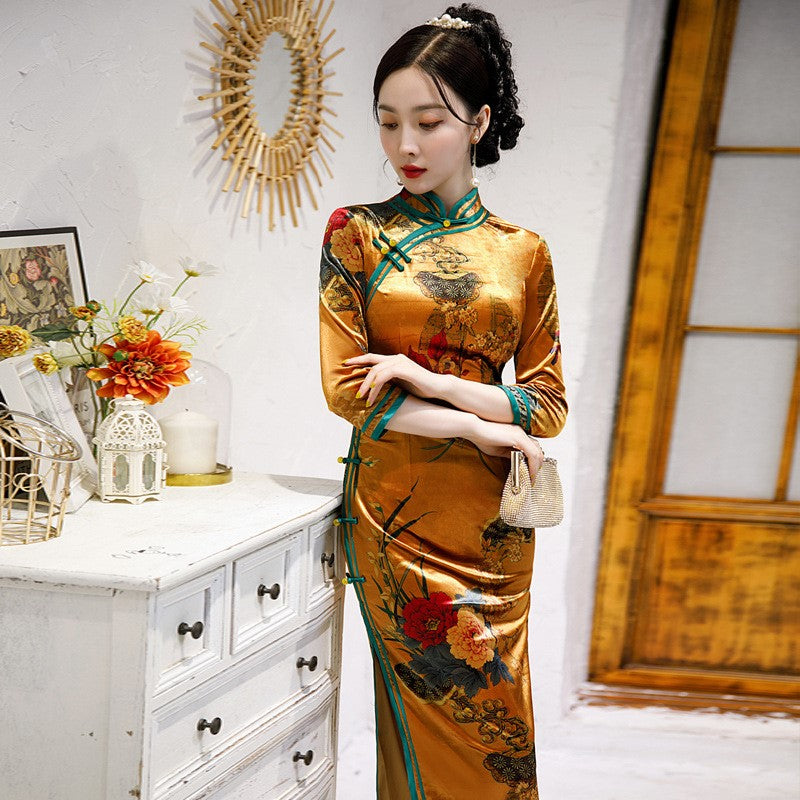 3/4 Sleeve Full Length Traditional Cheongsam Floral Velvet Chinese Dress