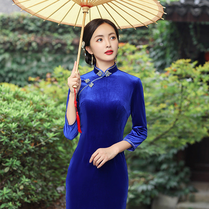 3/4 Sleeve Full Length Traditional Velvet Cheongsam Chinese Dress