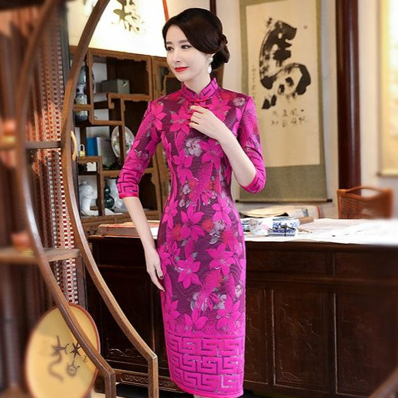 3/4 Sleeve Knee Length Cheongsam Floral Lace Chinese Dress