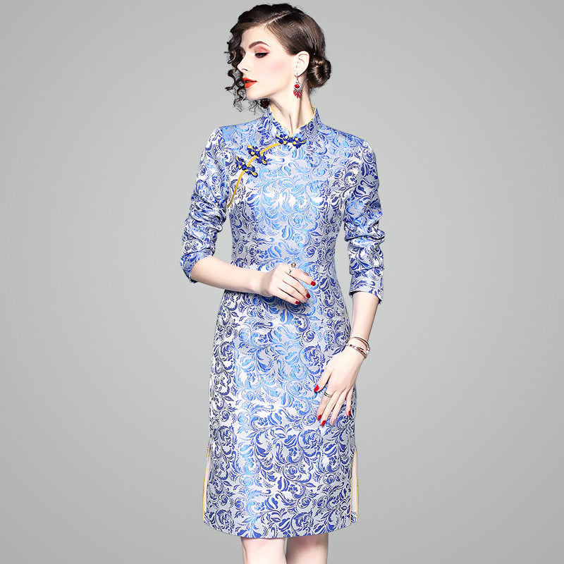 3/4 Sleeve Knee Length Fancy Cotton Floral Cheongsam Chinese Dress