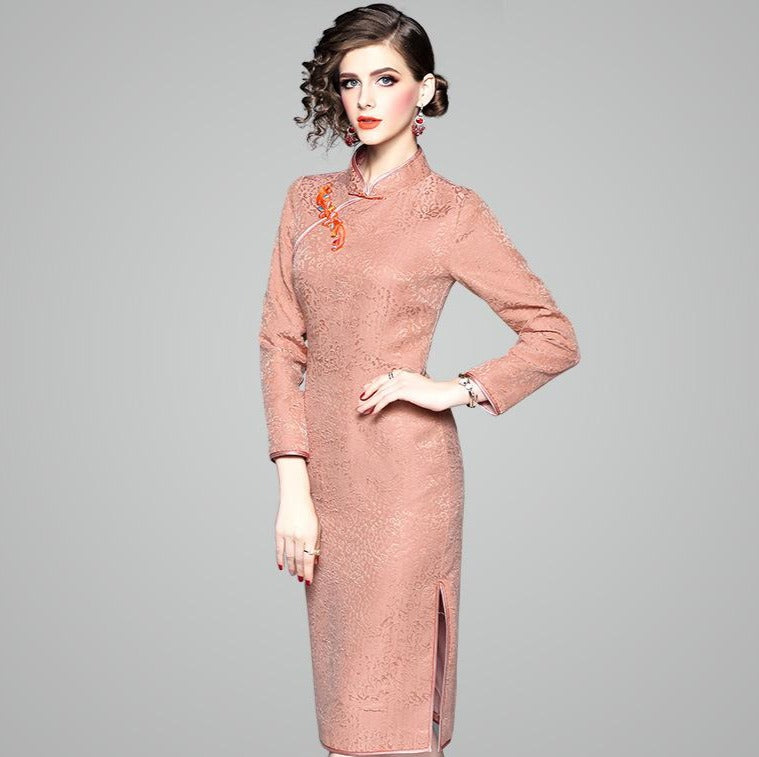 3/4 Sleeve Knee Length Fancy Cotton Traditional Cheongsam Chinese Dress