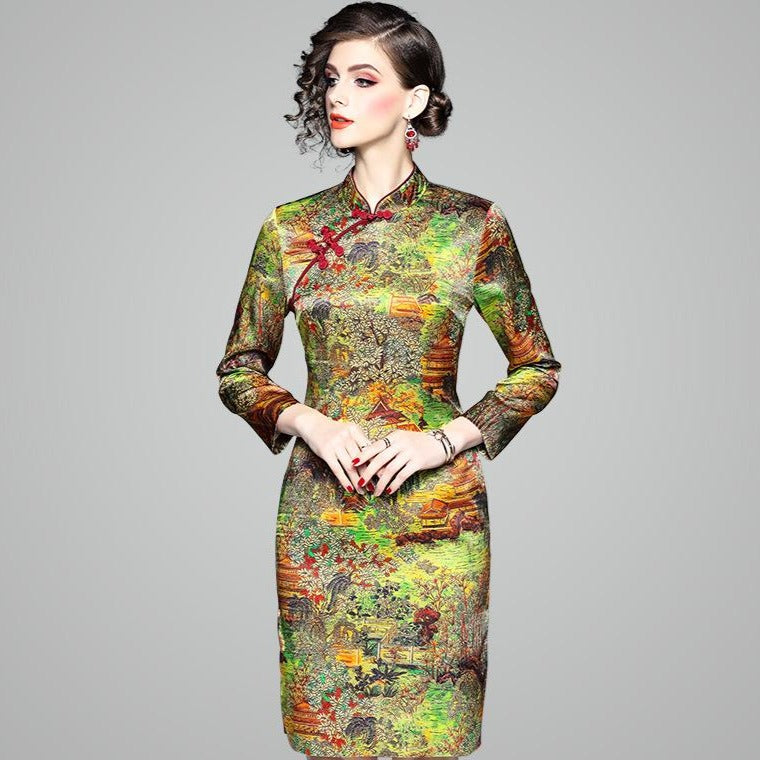 3/4 Sleeve Knee Length Fancy Cotton Traditional Cheongsam Mother Dress