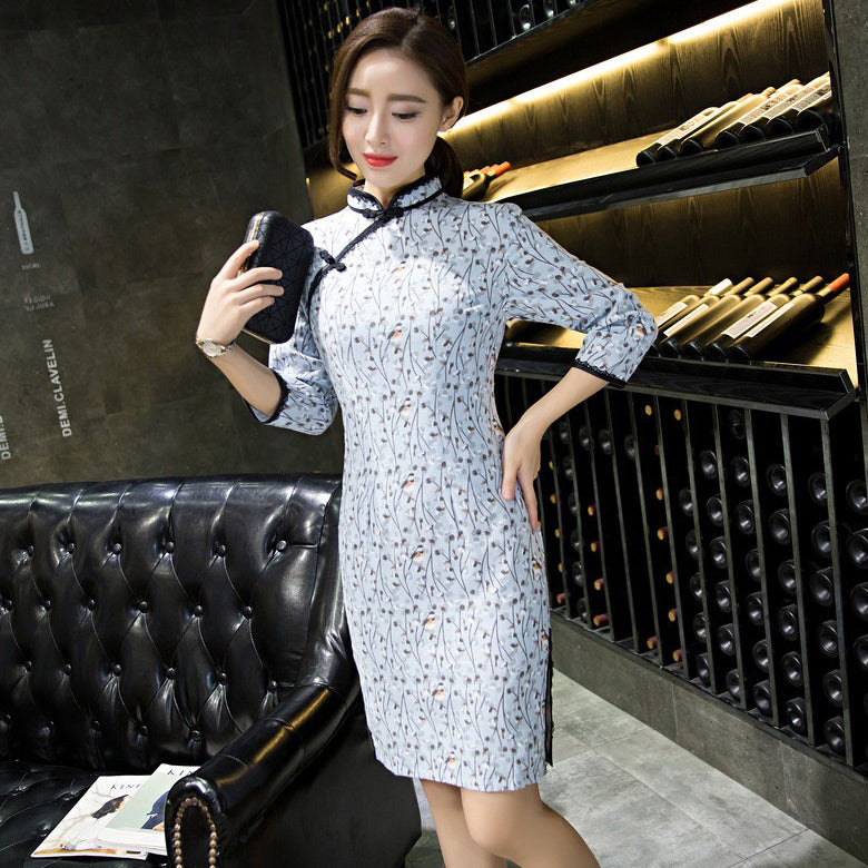 3/4 Sleeve Knee Length Floral Lace Cheongsam Chinese Dress