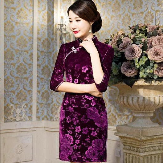 3/4 Sleeve Knee Length Floral Velvet Cheongsam Chinese Dress