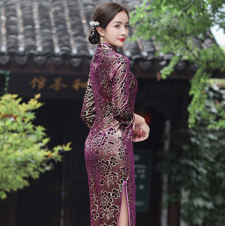 3/4 Sleeve Knee Length Floral Velvet Cheongsam Chinese Dress