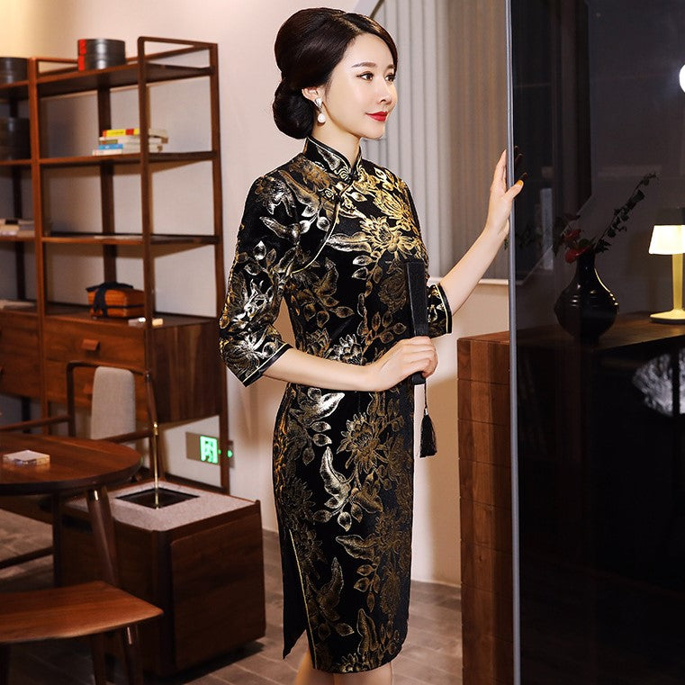 3/4 Sleeve Knee Length Floral Velvet Cheongsam Chinese Dress