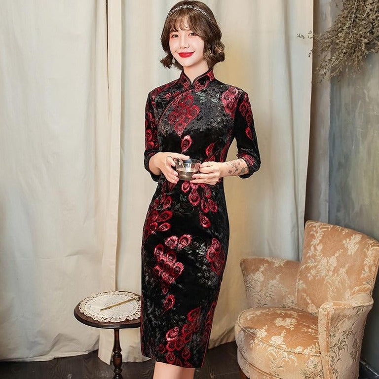 3/4 Sleeve Knee Length Floral Velvet Traditional Cheongsam Chinese Dress