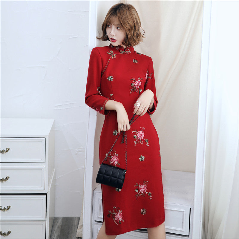 3/4 Sleeve Knee Length Floral Woolen Cheongsam Chinese Dress