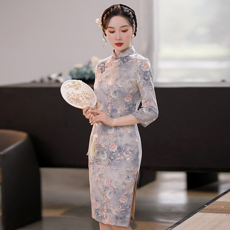 3/4 Sleeve Knee Length Traditional Cheongsam Floral Suede Chinese Dress