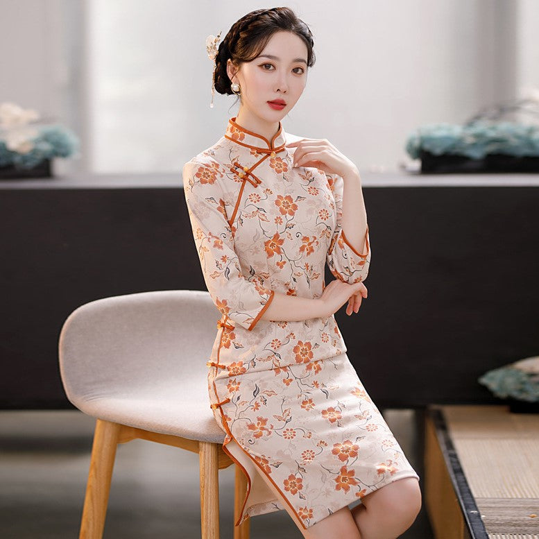 3/4 Sleeve Knee Length Traditional Cheongsam Floral Suede Chinese Dress