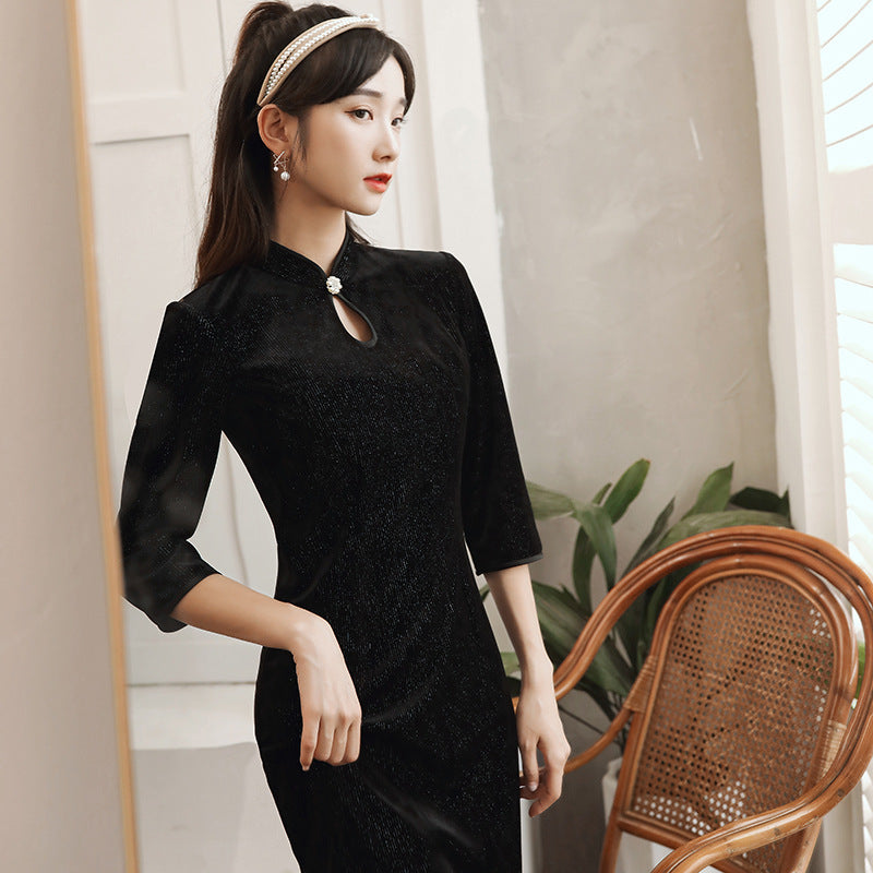 3/4 Sleeve Knee Length Velvet Modern Cheongsam Mother Dress