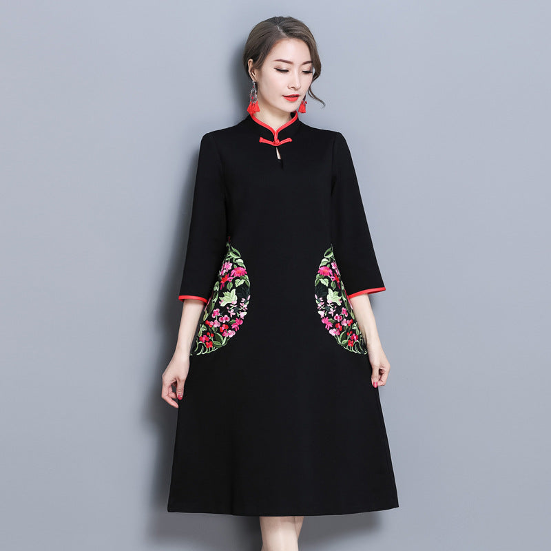 3/4 Sleeve Mandarin Collar Floral Embroidery A-Line Chinese Dress