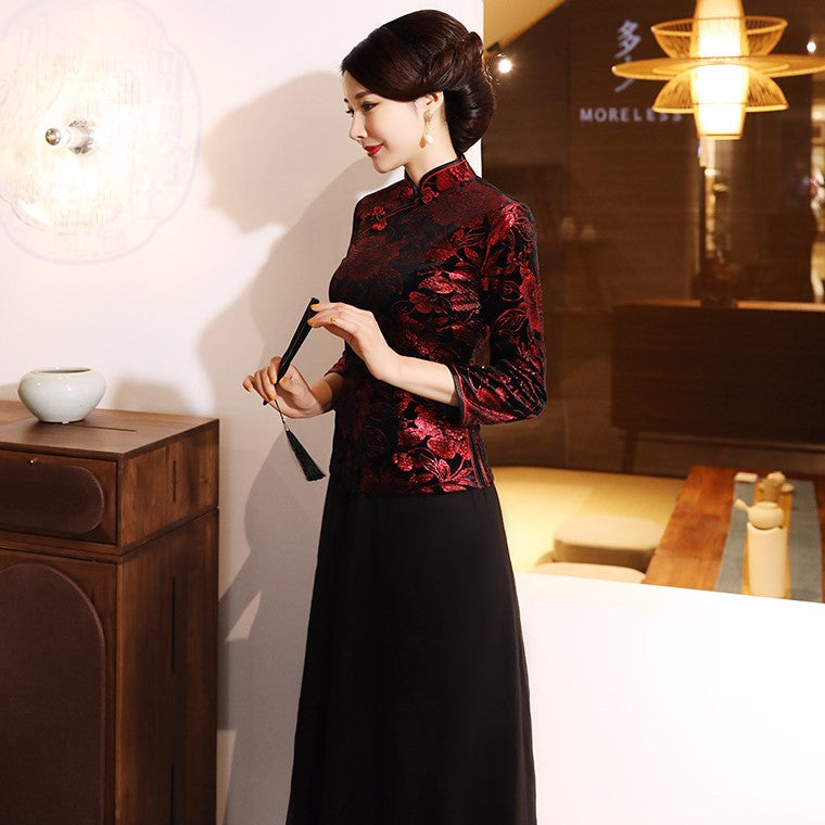 3/4 Sleeve Mandarin Collar Floral Velvet Chinese Shirt Traditional Costume