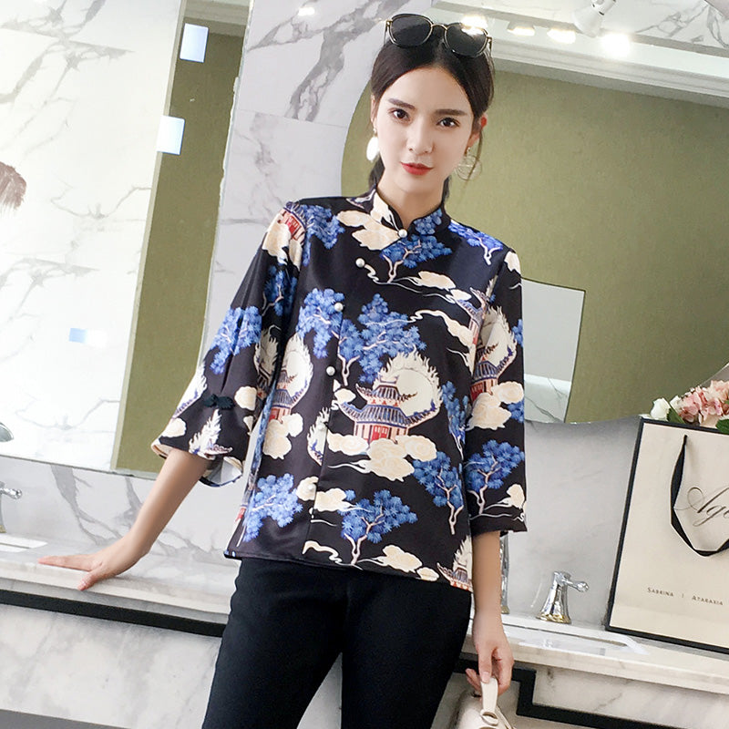 3/4 Sleeve Mandarin Collar Retro Japanese Kimono Style Blouse