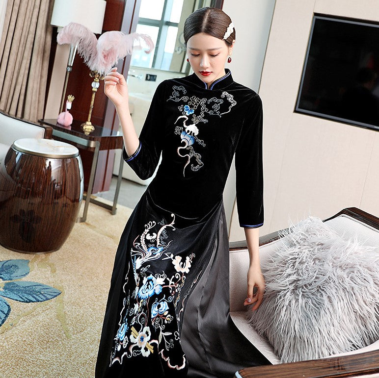 3/4 Sleeve Phoenix & Floral Embroidery Velvet A-line Aodai Chinese Dress