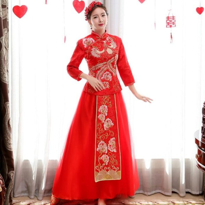 3/4 Sleeve Phoenix & Peony Embroidery Traditional Chinese Wedding Dress