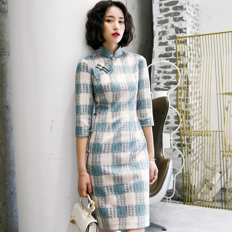 3/4 Sleeve Plaids & Checks Pattern Suede Cheongsam Chinese Dress