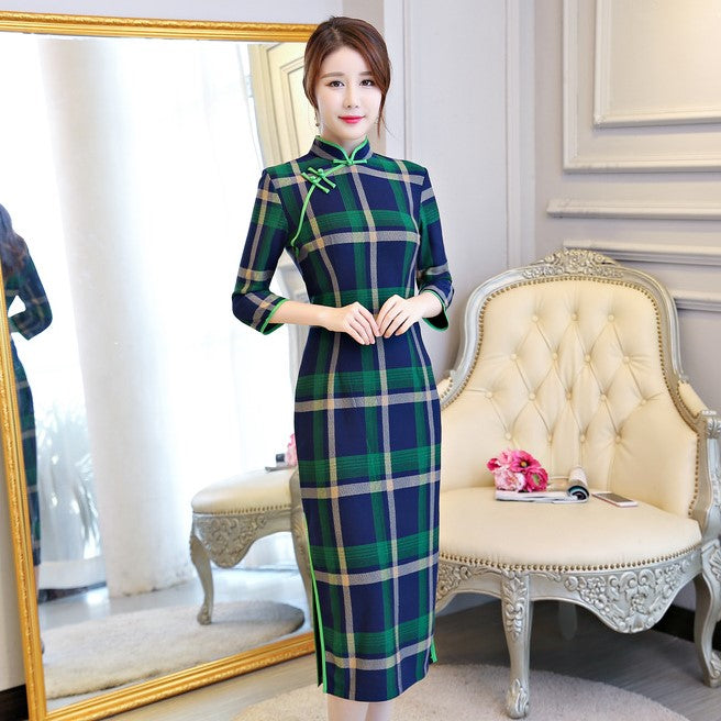 3/4 Sleeve Plaids & Checks Pattern Tea Length Traditional Cheongsam Chinese Dress