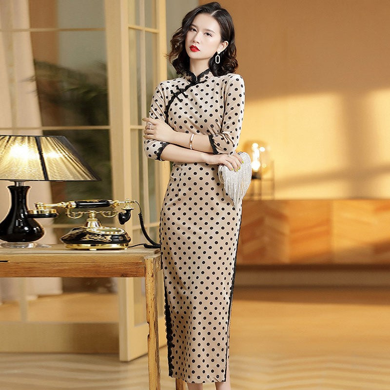 3/4 Sleeve Polka Dots Velvet Retro Cheongsam Chinese Dress with Lace Edge