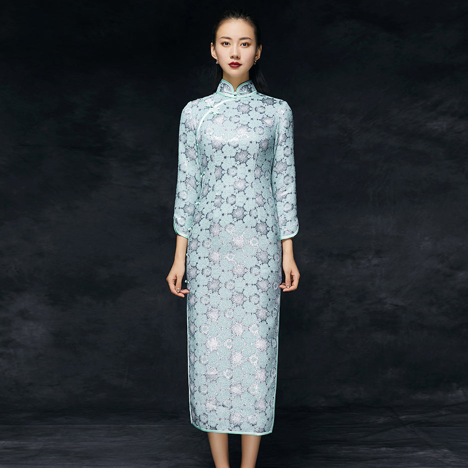 3/4 Sleeve Shining Fancy Cotton Cheongsam Tea Length Chinese Dress