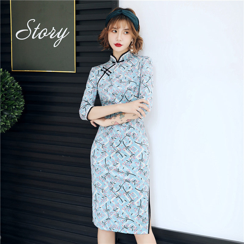 3/4 Sleeve Tea Length Floral Suede Cheongsam Chinese Dress