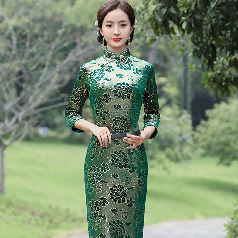 3/4 Sleeve Tea Length Floral Velvet Cheongsam Chinese Dress