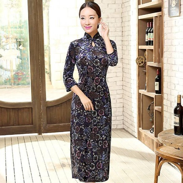 3/4 Sleeve Tea Length Floral Velvet Cheongsam Chinese Dress