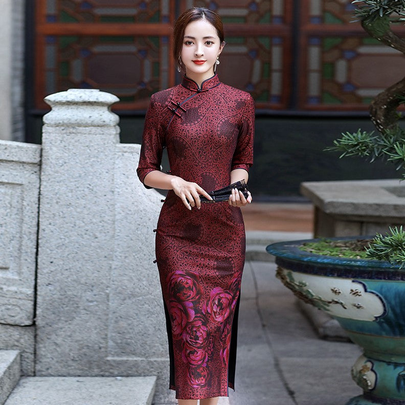 3/4 Sleeve Tea Length Floral Woolen Traditional Cheongsam Chinese Dress