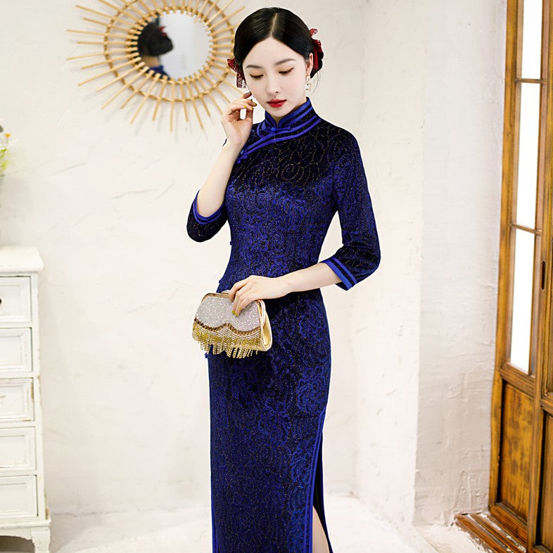 3/4 Sleeve Traditional Cheongsam Long Floral Lace Chinese Dress