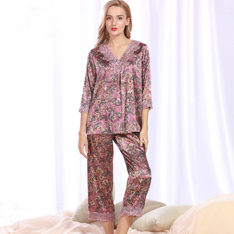 3/4 Sleeve V Neck 2-pieces Silk Blend Loungewear Nightwear Pajamas