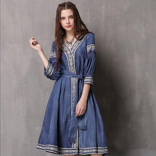 3/4 Sleeve V Neck Floral Embroidery Chinese Style Jean Dress