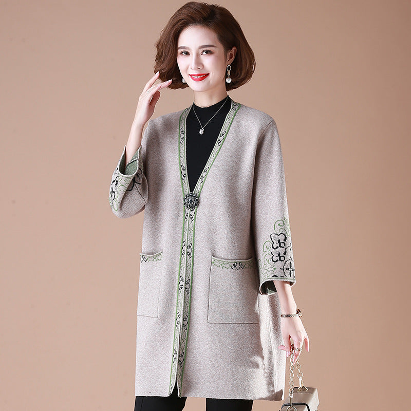 3/4 Sleeve V Neck Open Front Women's Oriental Wool Knit Coat with Pockets