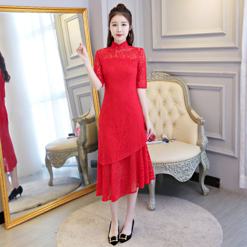 Asymmetric Hem Cheongsam Top Lace Chinese Dress with Tiered Skirt