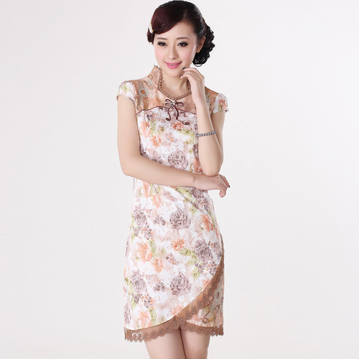 Asymmetric Hem Knee Length Floral Cheongsam With Lace Edge