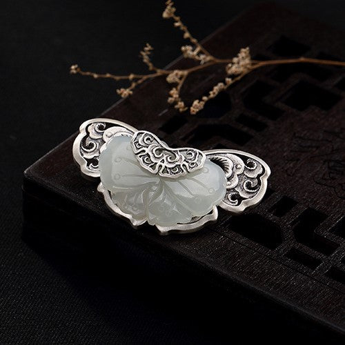 Auspicious Cloud Designed Jade Sterling Silver Brooch