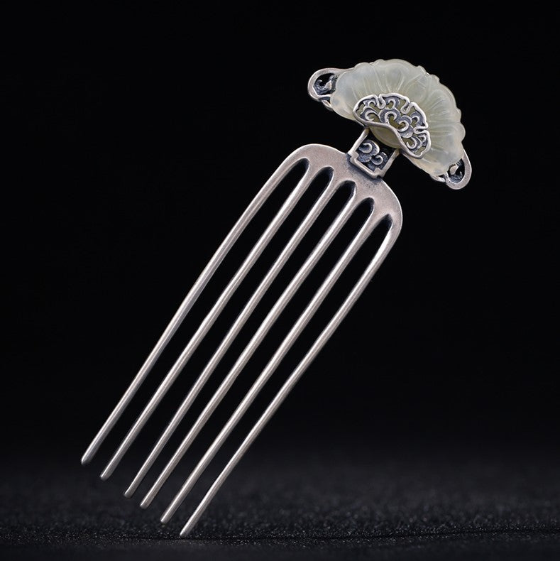 Auspicious Cloud Jade Sterling Silver Retro Chinese Style Hairpin