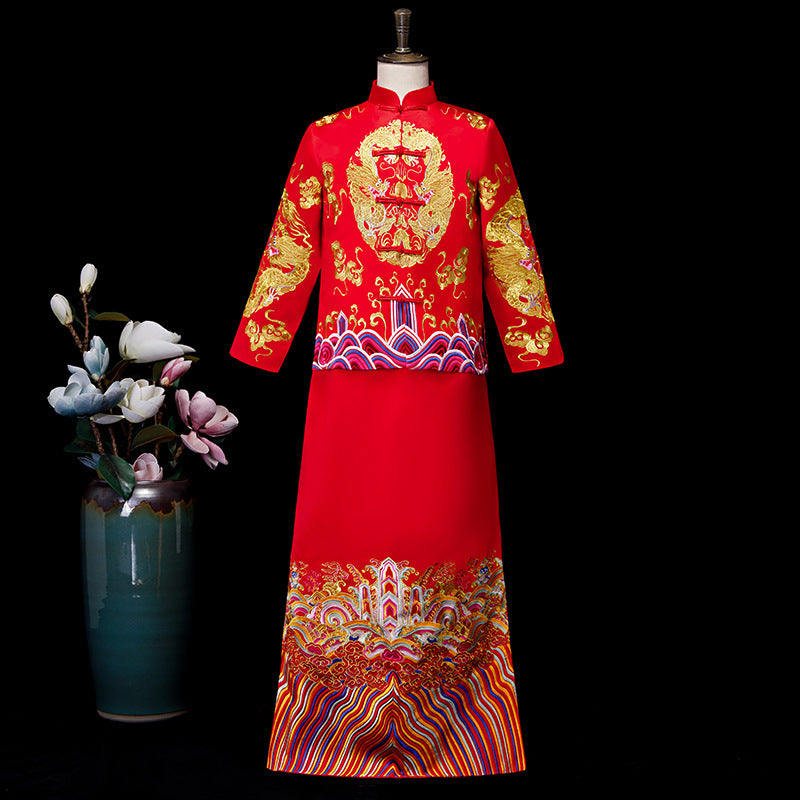 Auspicious Embroidery Full Length Traditional Chinese Groom Suit with Strap Buttons