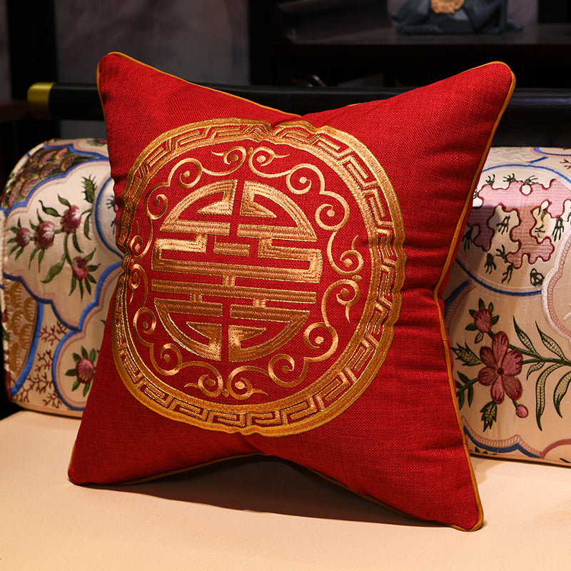 Auspicious Embroidery Linen Traditional Chinese Cushion Covers