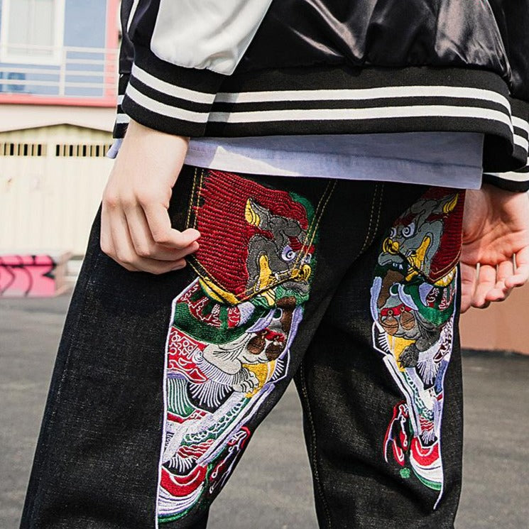 Auspicious Embroidery Oriental Style Jeans Straight-leg Pants